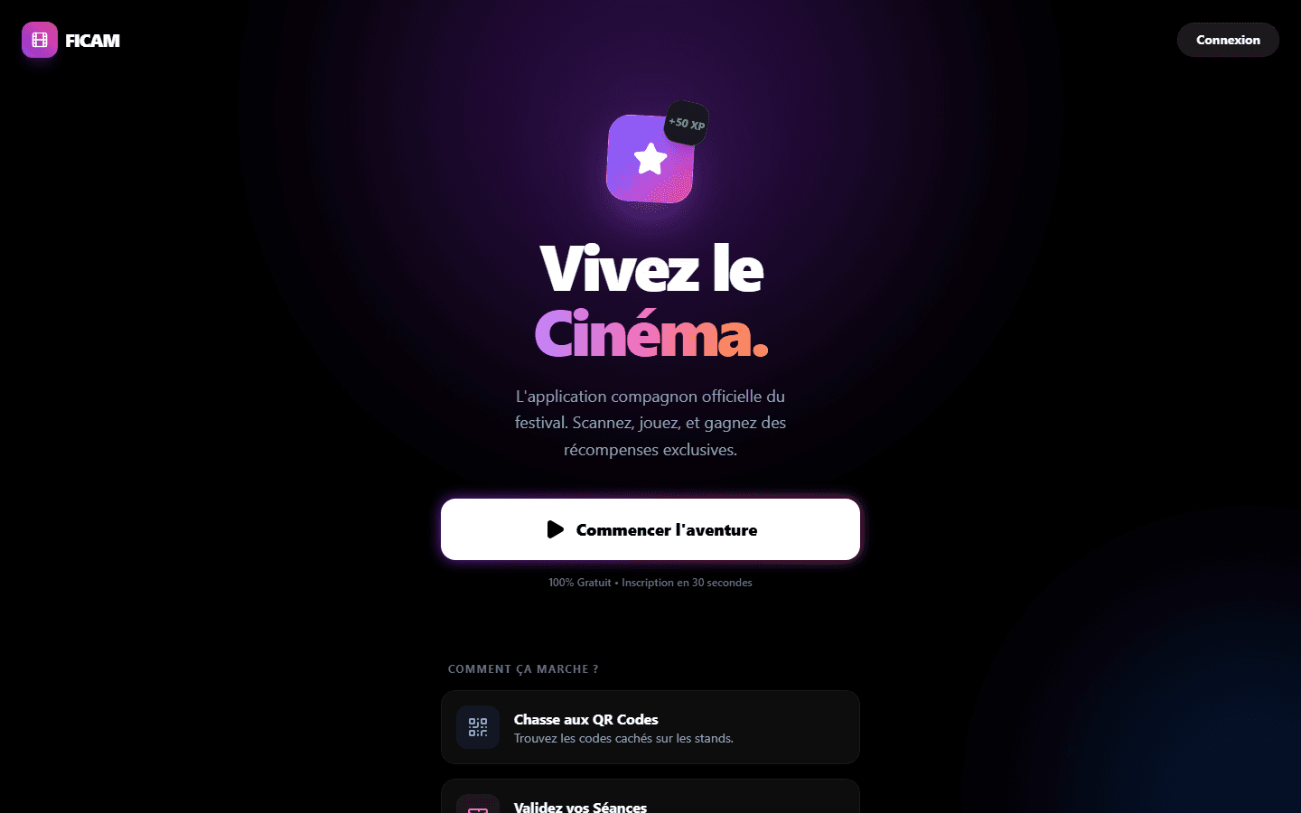 Page d'accueil de l'application FICAM : Vivez le Cinéma, scannez, jouez et gagnez des récompenses